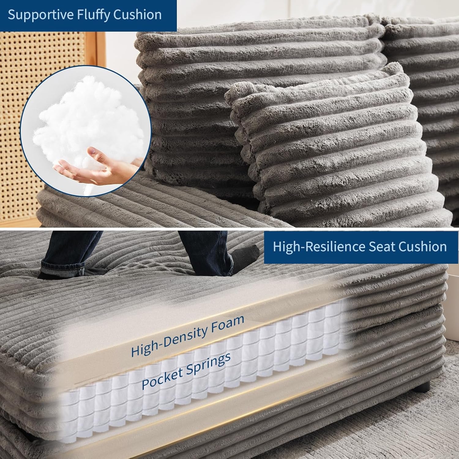 Close-up cutaway of seat layers labeled high-density foam and supportive seat cushion in grey fabric