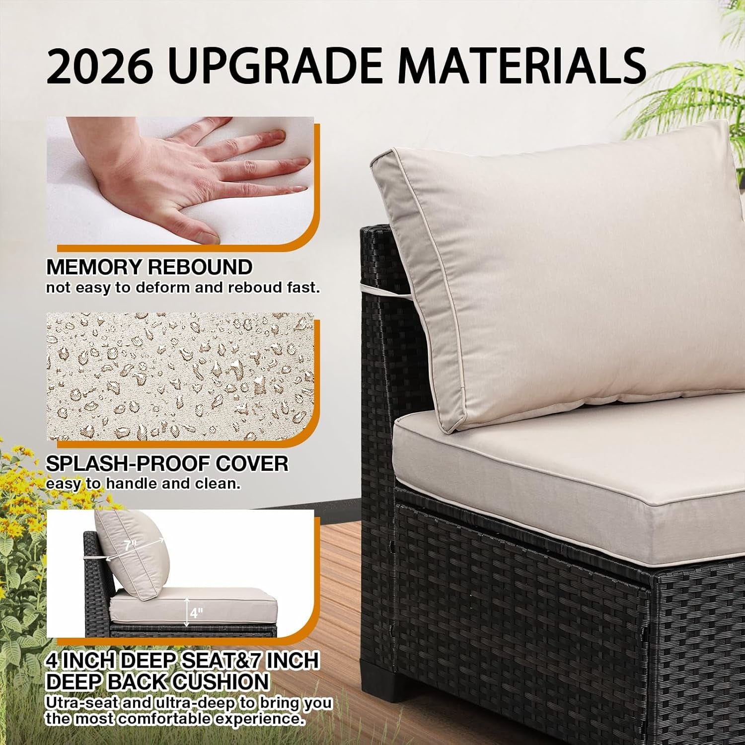 Cushion close-up showing 4-inch seat thickness, 7-inch back cushion and splash-proof cover detail