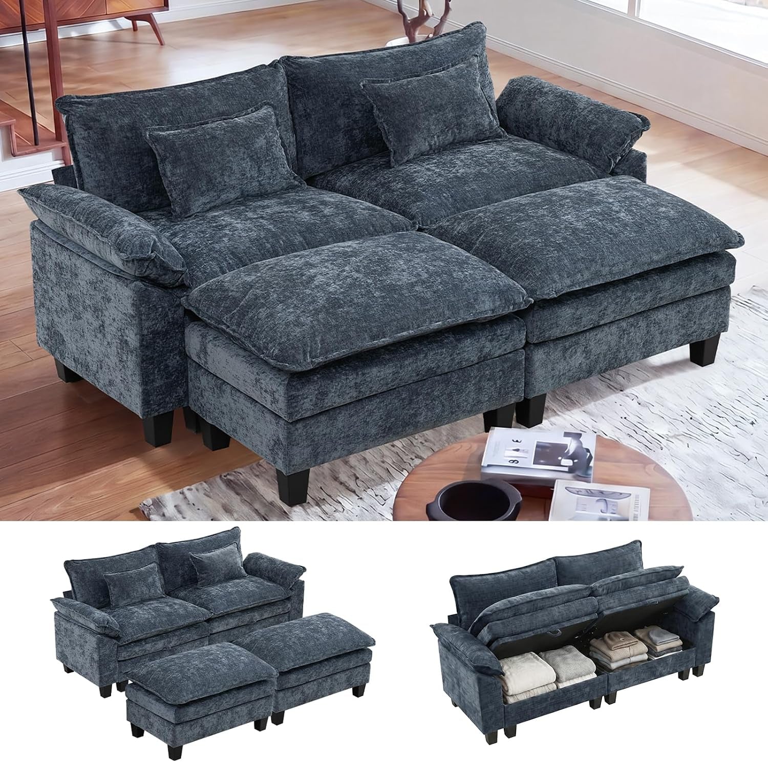 Angled room view of a dark charcoal modular sectional with two matching ottomans; lower insets show alternate layouts and