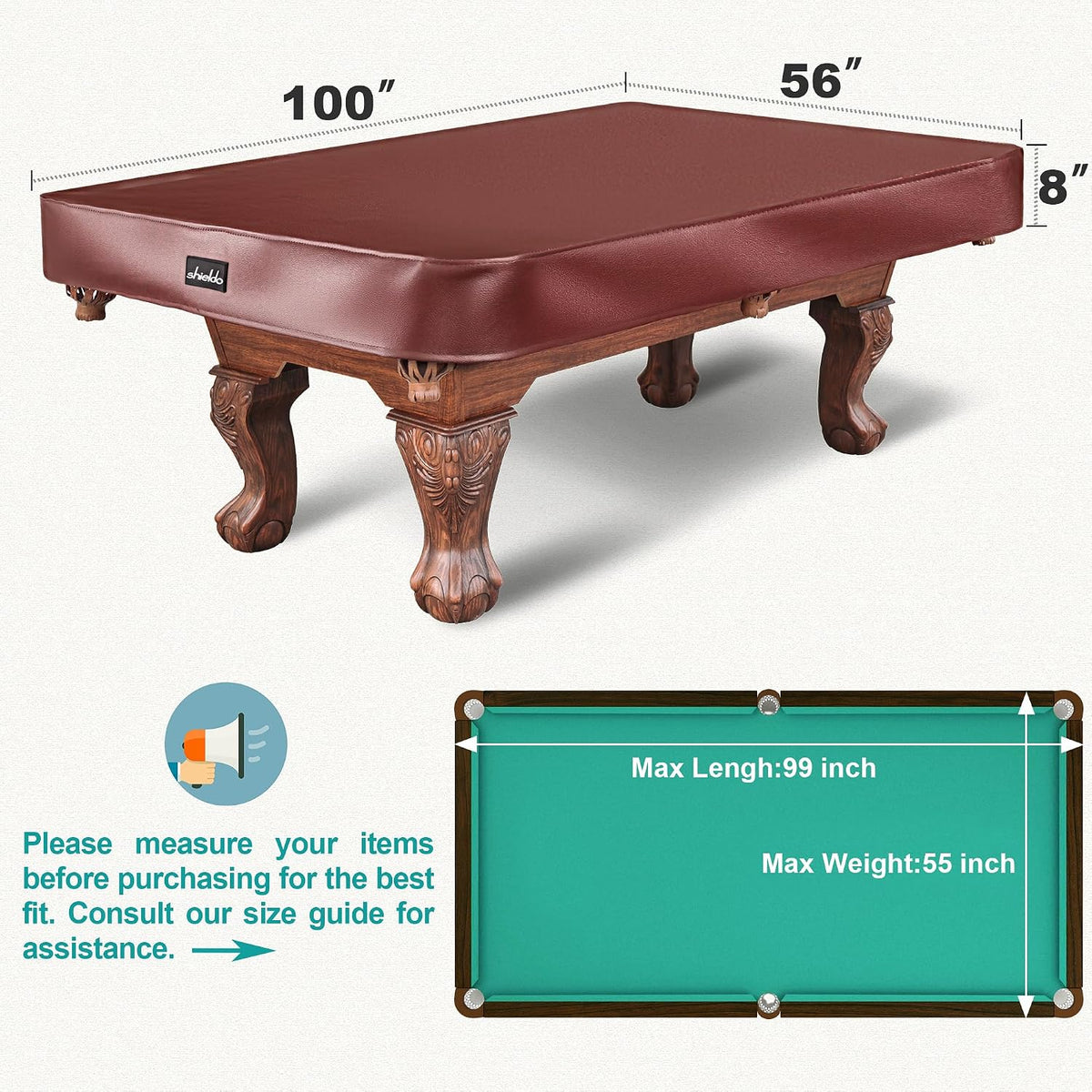 Pool table cover on a table with printed dimension callouts showing length, width and height.