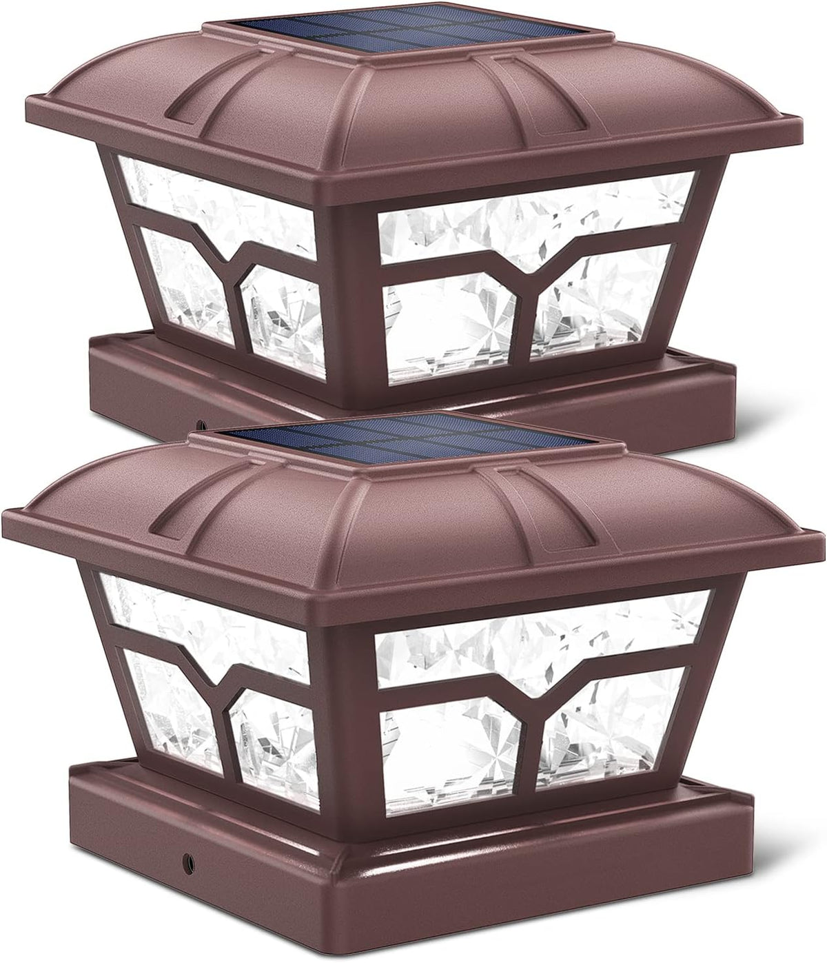 Two bronze-brown post cap lights shown at different angles, with solar panels and clear sides