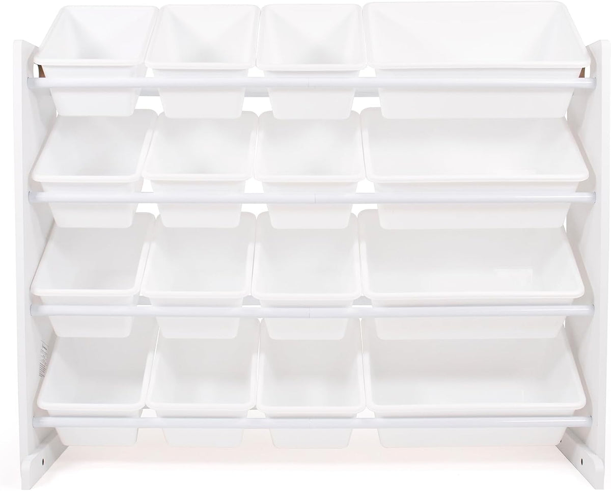 Front-facing organizer showing 16 white bins in four staggered rows with white frame.