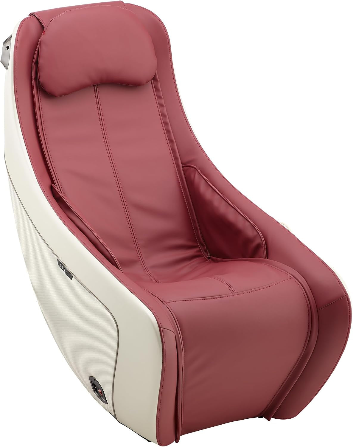 Studio side view of the massage chair with muted red seat upholstery and cream outer shell.