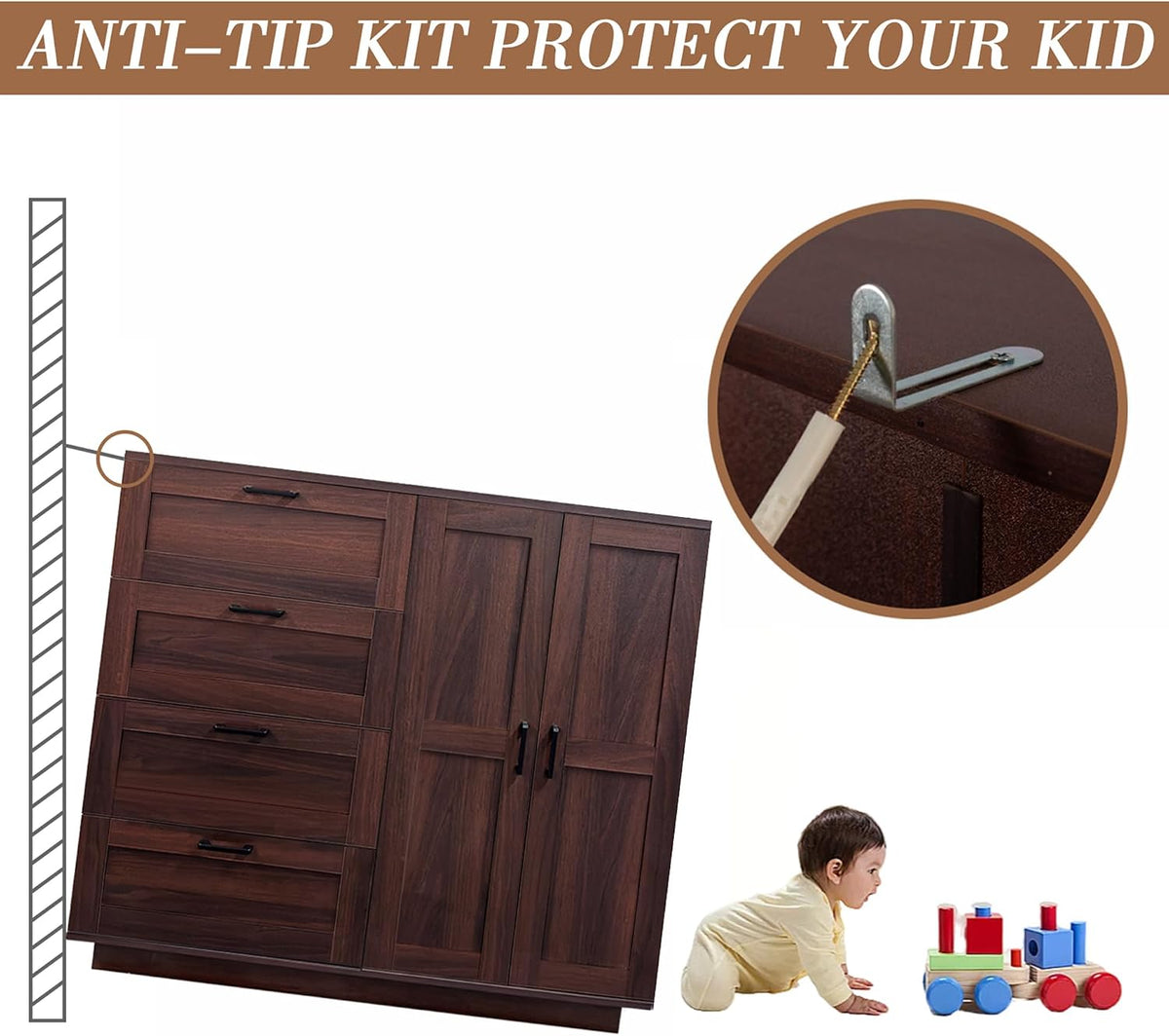 Illustration of anti-tip wall anchor hardware with tilted armoire and child nearby