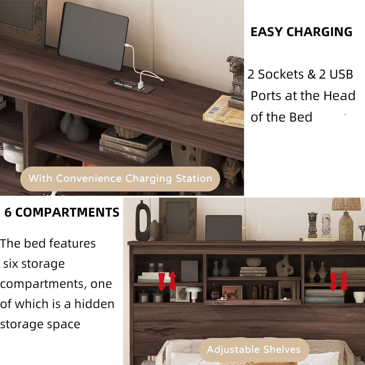 Headboard close-up showing built-in charging station with sockets, USB ports and adjustable shelving