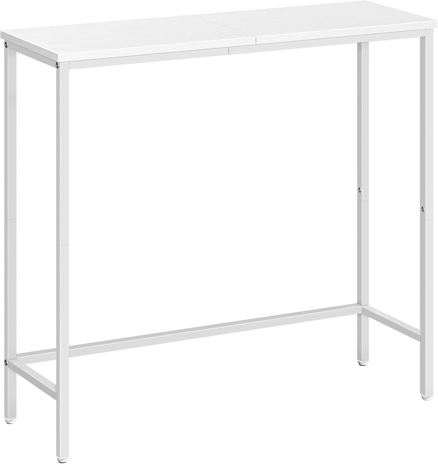 Slim console table with white top and matching white metal frame, shown straight-on.