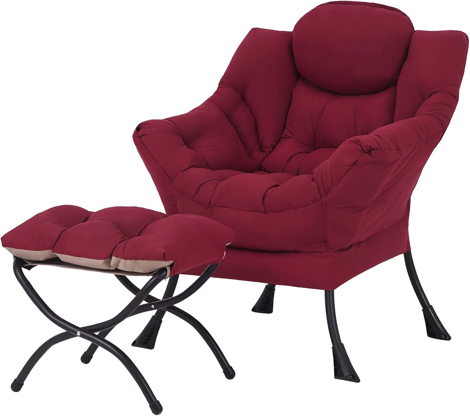 Deep red (burgundy) tufted lounge chair with matching cushioned ottoman and black metal frame