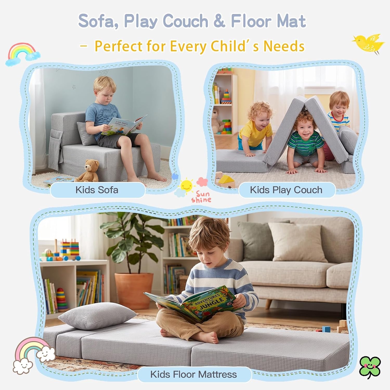 Three scenes showing uses: folded mattress as a kids sofa, play couch tunnel with children, and flat floor mattress with