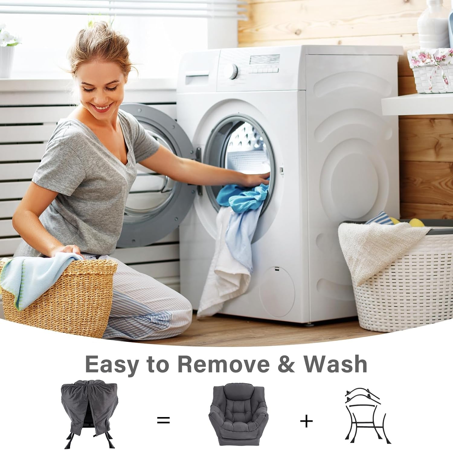 Woman kneeling by a front-load washing machine, loading laundry, with baskets and product graphic strip at the bottom.