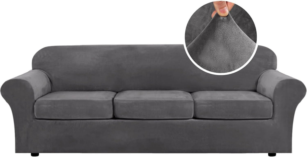 Front-facing full-width gray three-cushion sofa with a circular close-up of the velvet fabric held between fingers at top