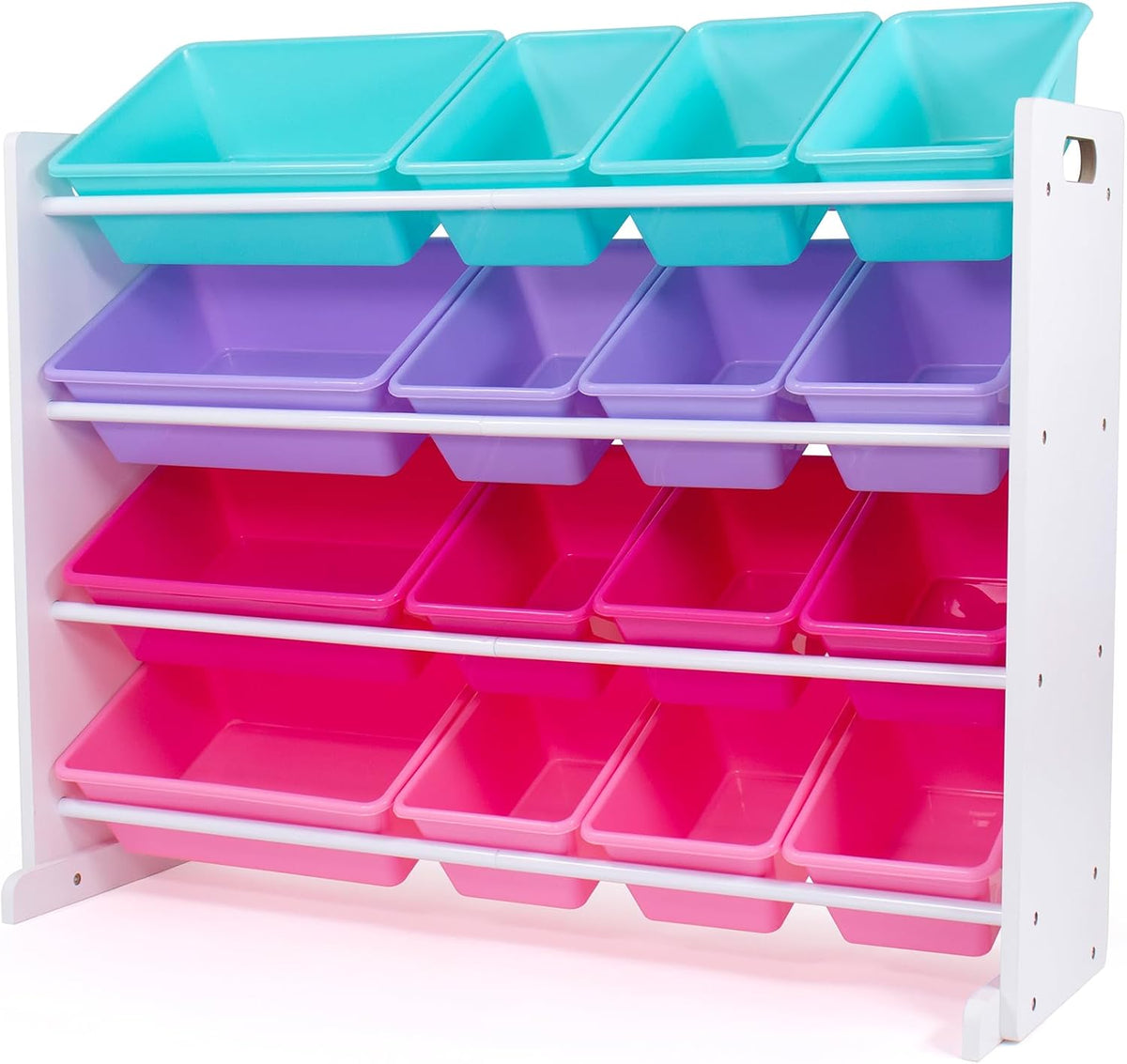 White-framed 4-tier organizer with teal, purple, and bright pink plastic storage bins.