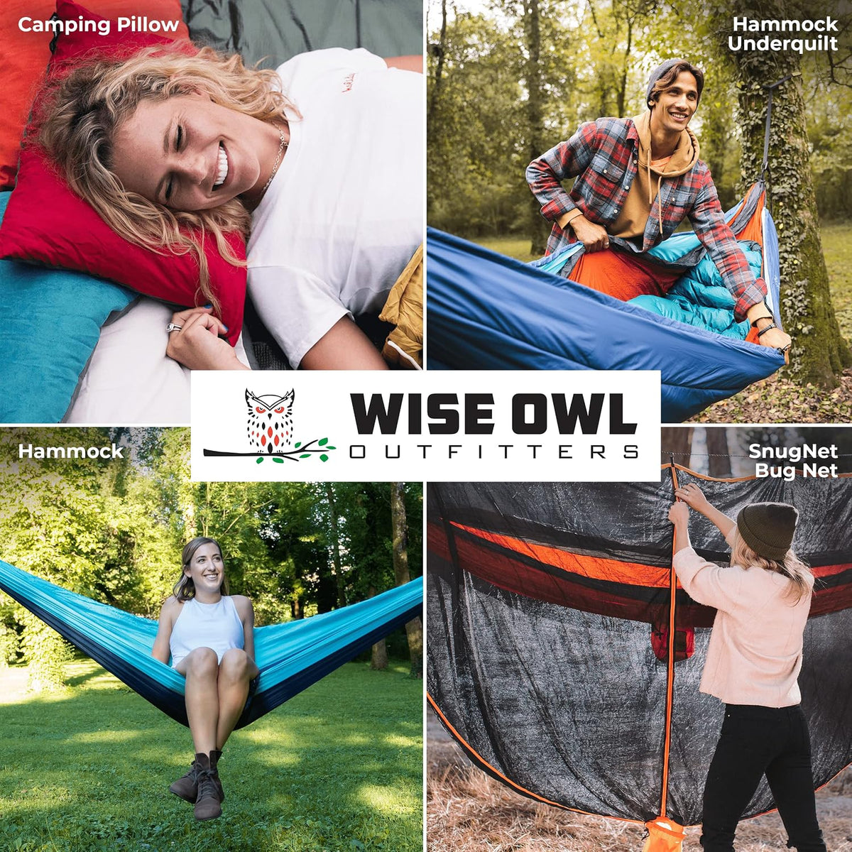 Four-panel collage showing camping pillow, underquilt, hammock use, and a snug bug net with brand logo center.