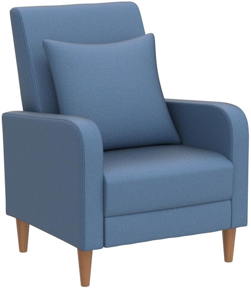 Close-up side/front view of a blue high-back armchair with a square removable pillow and tapered wooden legs.