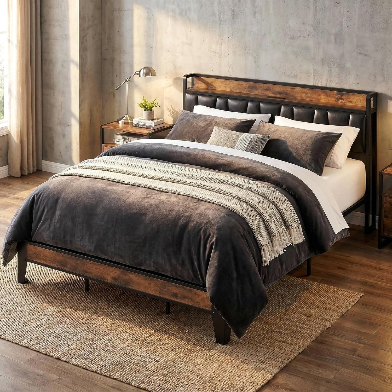 Three-quarter view of the bed highlighting metal frame, wood footboard panel, and raised center supports beneath the