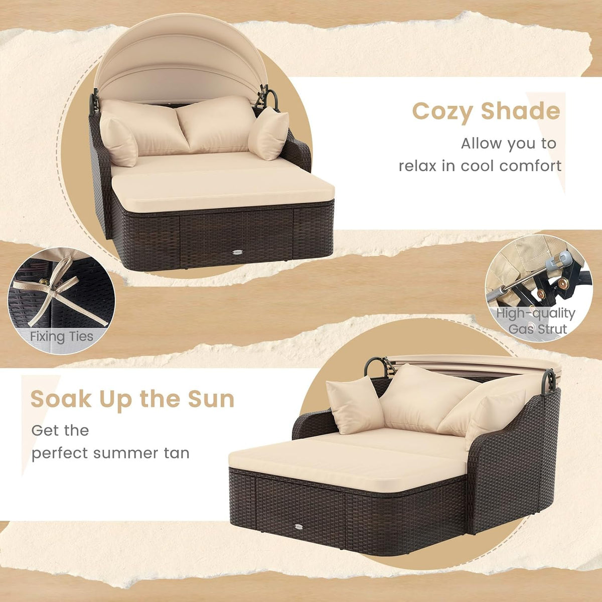 Front view of the daybed showing beige mattress, pillows and raised retractable canopy on a rattan base