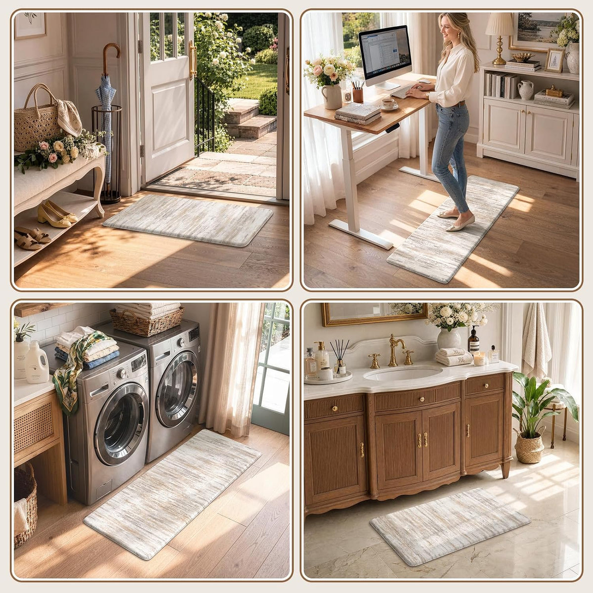 Collage of four room scenes showing light-gray abstract kitchen mats in an entryway, home office, laundry area, and bathroom.
