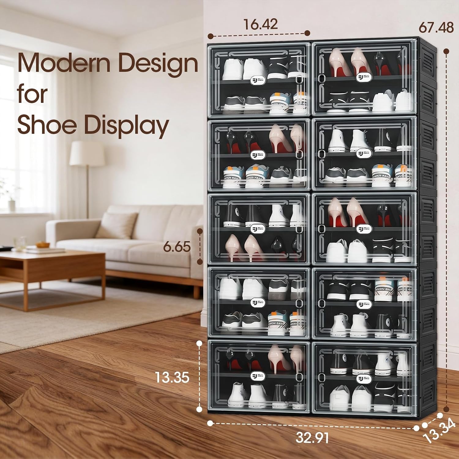 Front view of black shoe cabinet with dimension callouts showing width and height proportions