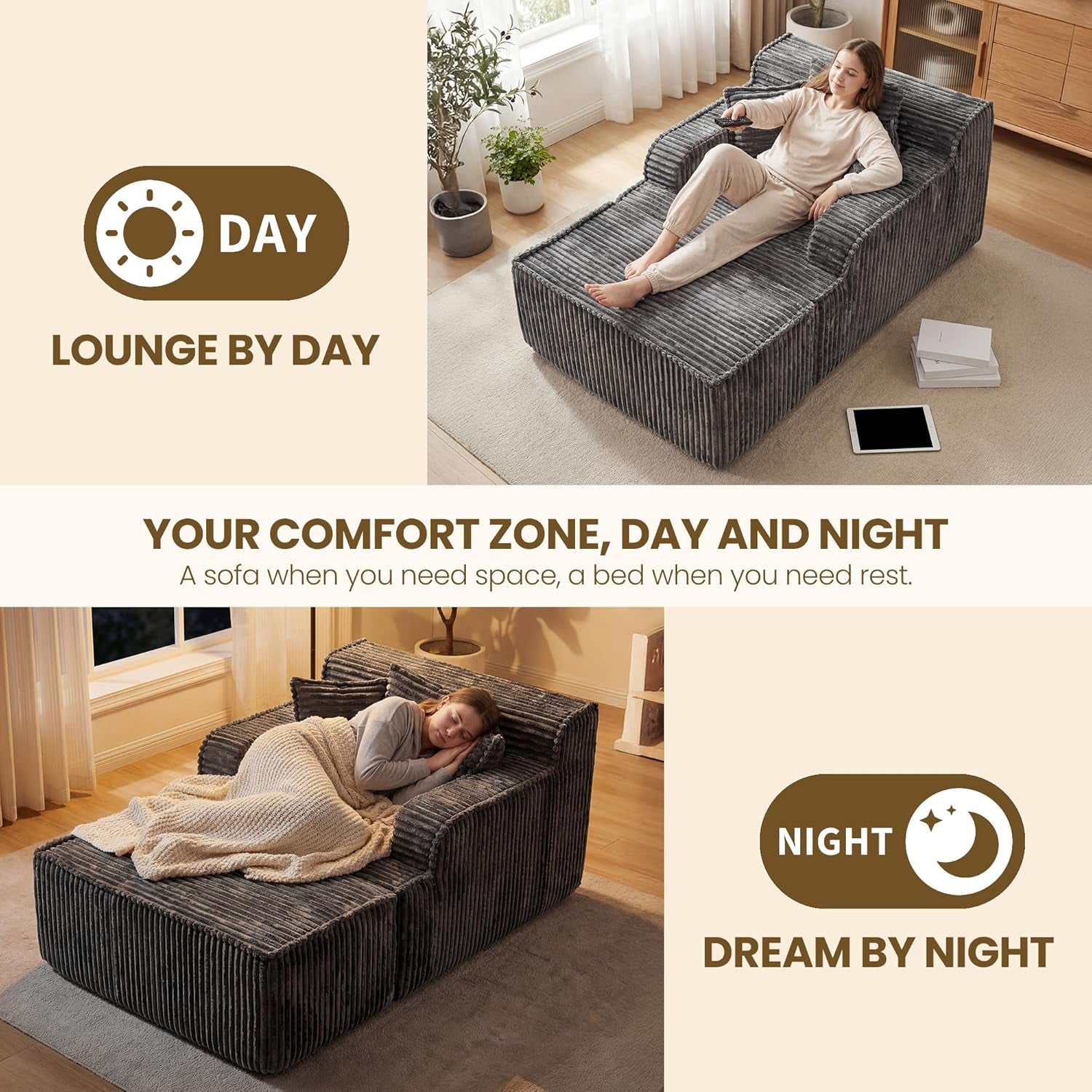 Top shows a woman lounging on the chaise daytime; bottom shows the chaise used as a bed with a person sleeping at night.