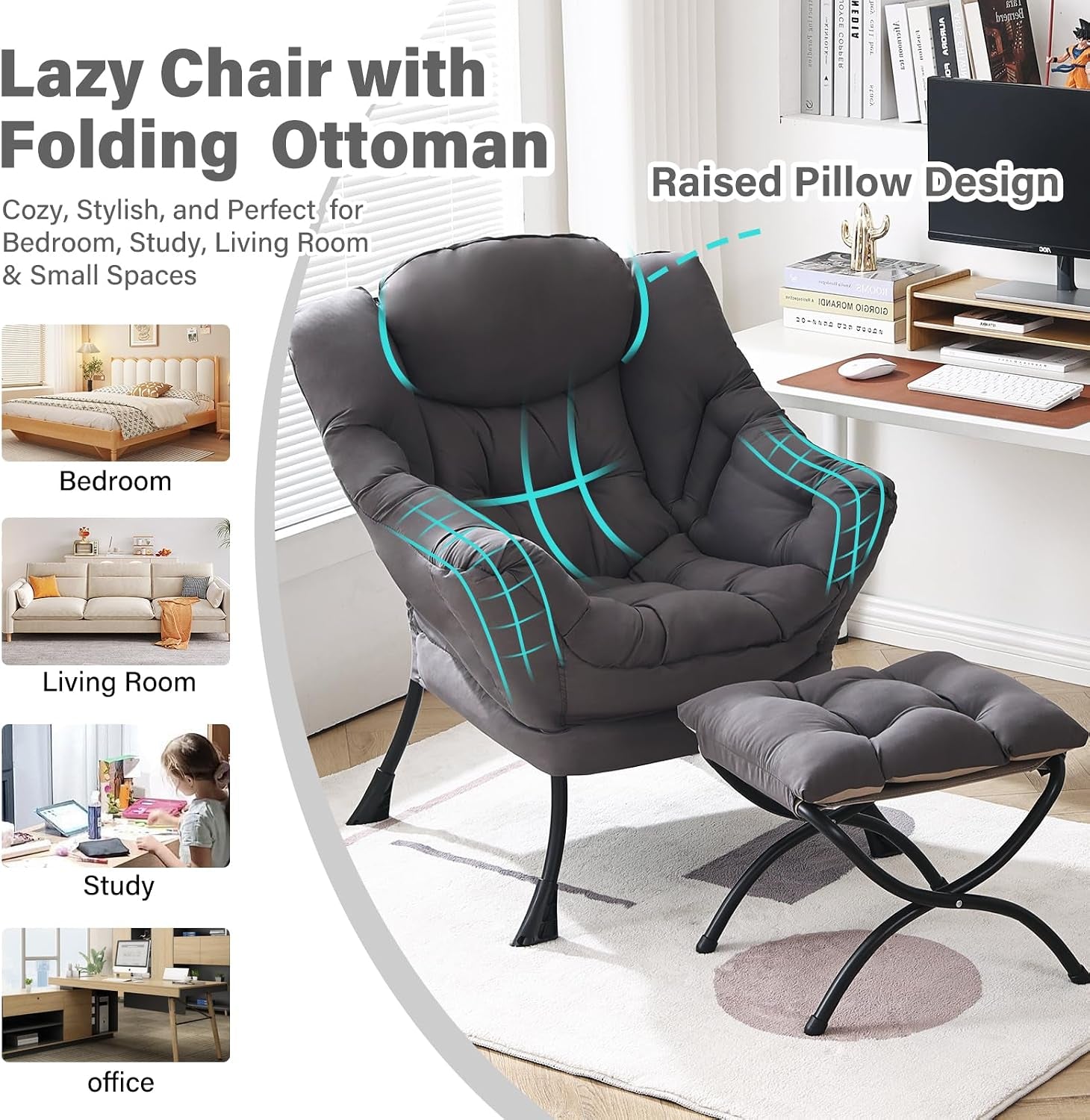 Dark gray cushioned chair and ottoman beside a desk, with teal graphic lines highlighting the raised head pillow and small