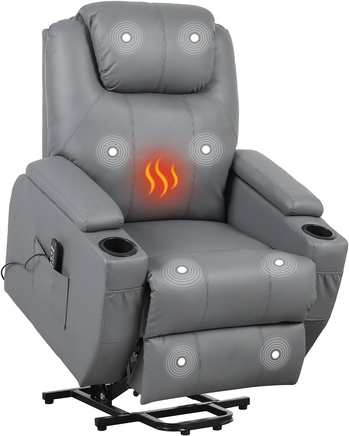 Front close-up of the gray recliner showing cup holders, side pocket with remote cord, and illustrated vibration points and