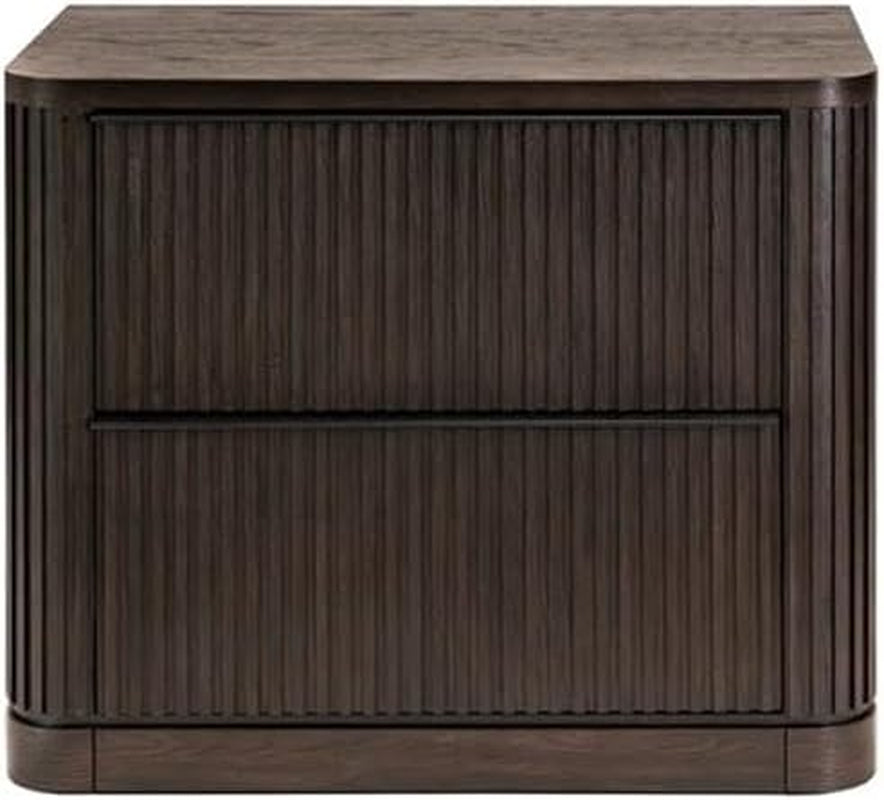 Front view of brown two-drawer lateral file with fluted tambour face and slim horizontal drawer pulls