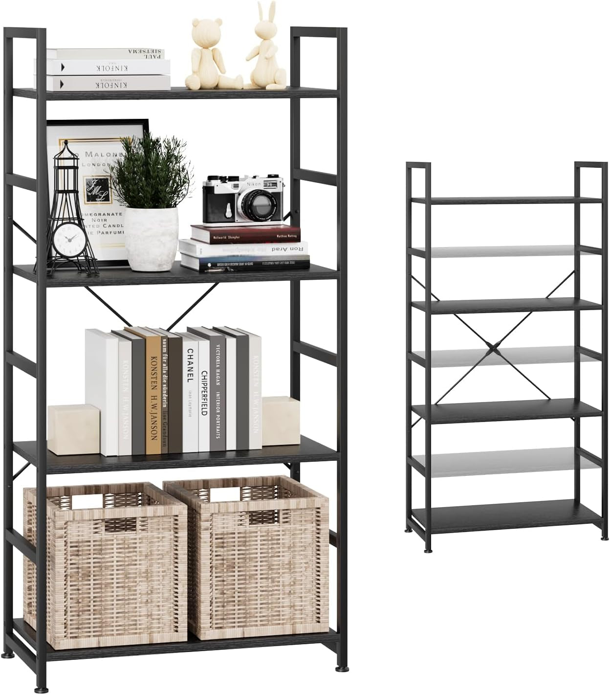 Two views of the black metal frame bookshelf: one styled with baskets and books, one empty side view
