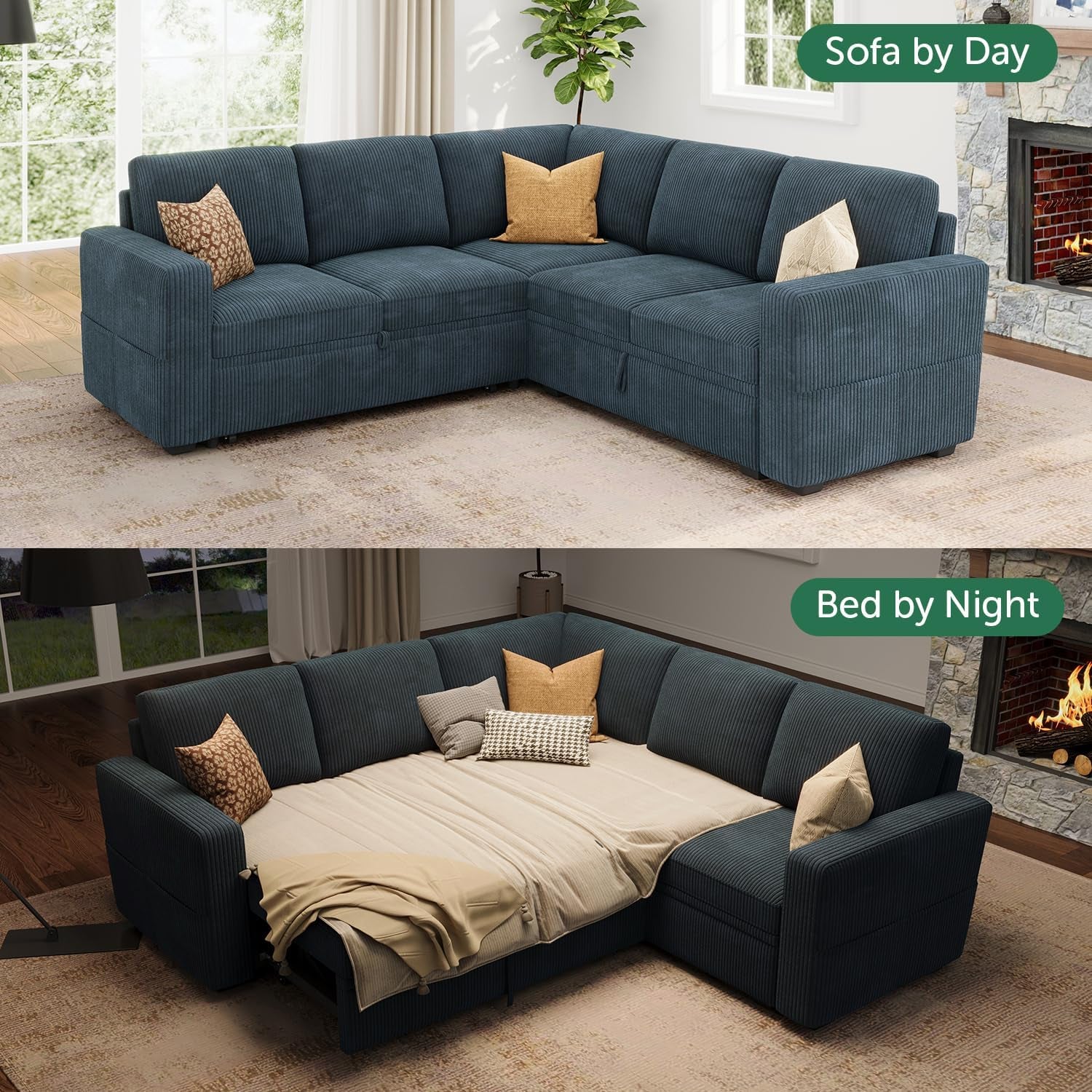Modular Sectional Sleeper Couch with Pull Out Bed, Corduroy L Shaped Sofa with Storage, Convertible Sectional Couches for Living Room, Blue
