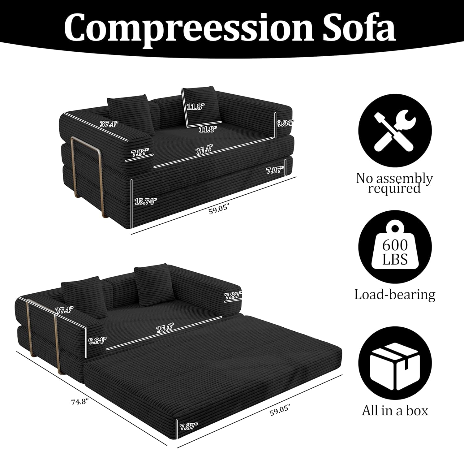Diagram showing 59" sofa dimensions and folded and fully extended sleeper configuration in black corduroy