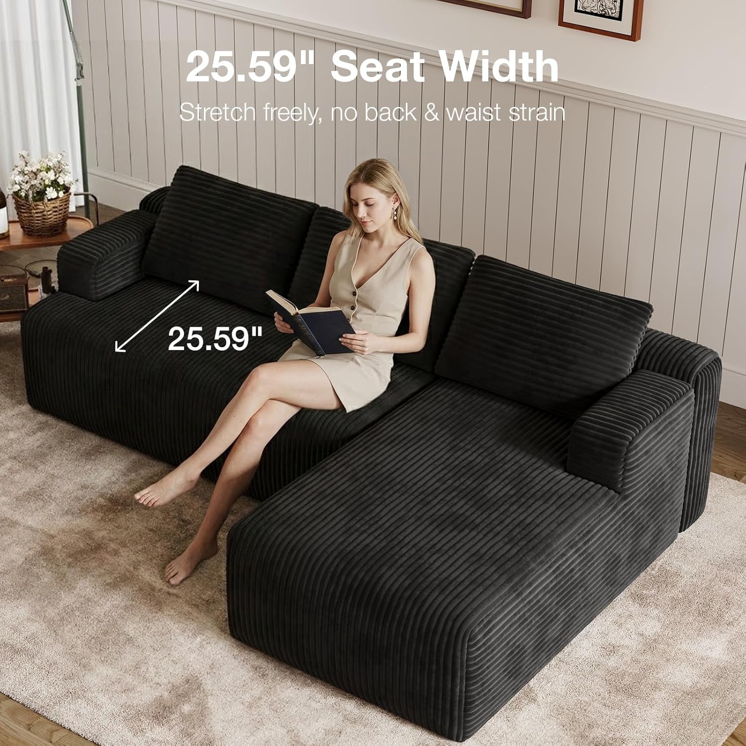 L-Shape Sectional Couches for Living Room with Smarts Coil® Support, 3 Seater Sectional Sofas for Living Room Bedroom, Corduroy Cloud Couch Sectional, No Assembly(Black, Right Hand Facing)