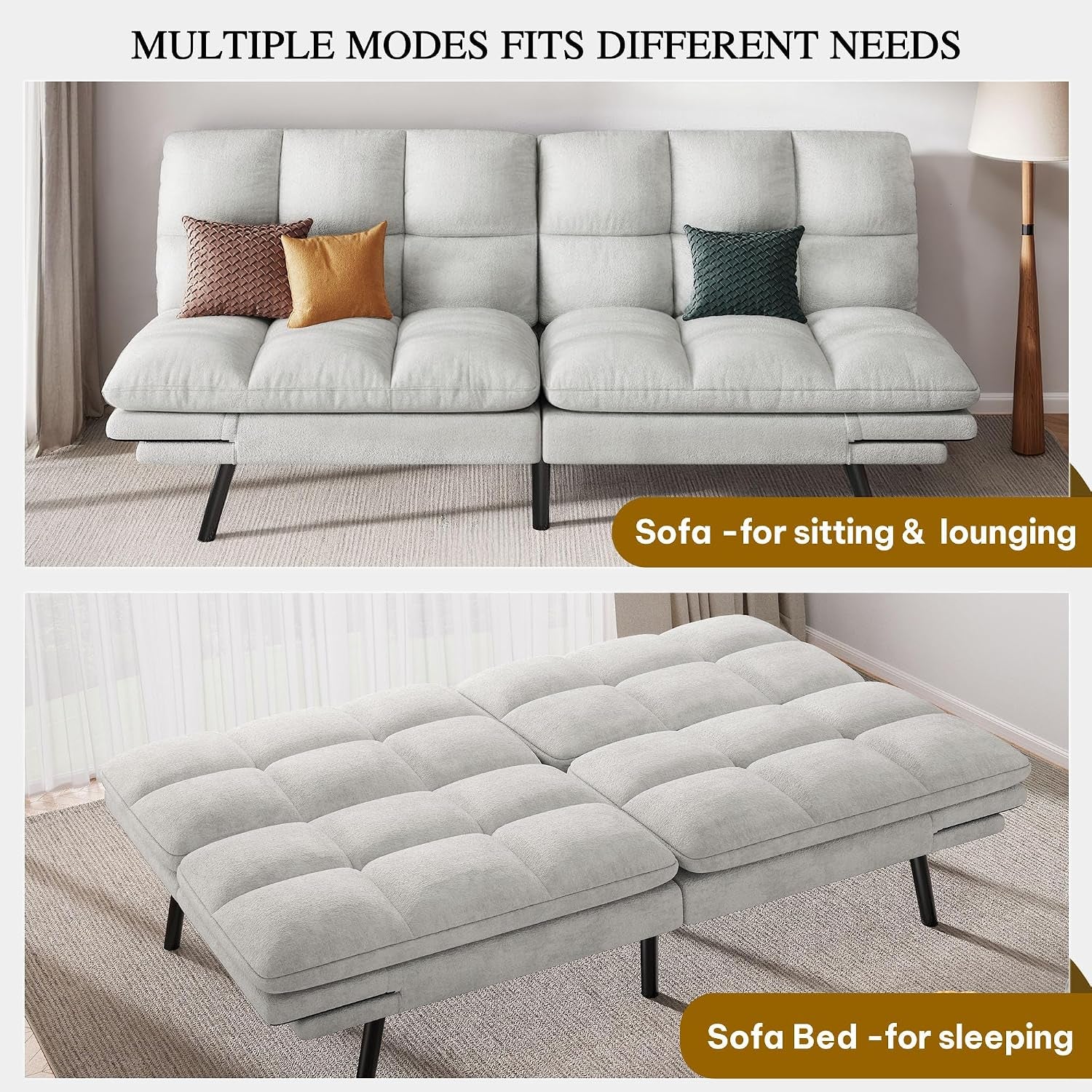 Graphic showing multiple modes of the futon including sofa and flat sofa bed configurations