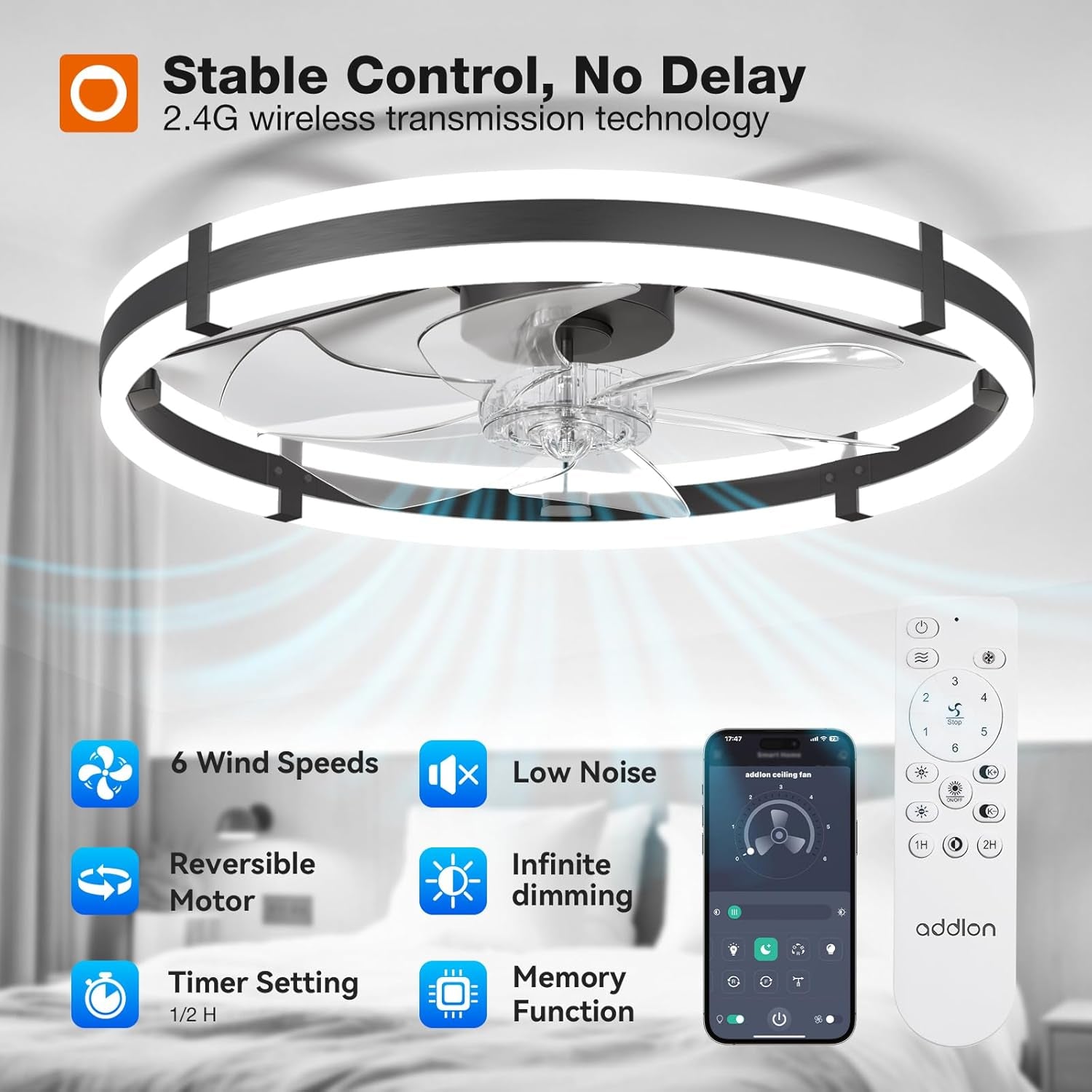 Ceiling fan light with remote and phone app beside icons for six speeds, low noise, reversible motor, dimming, timer, and mem