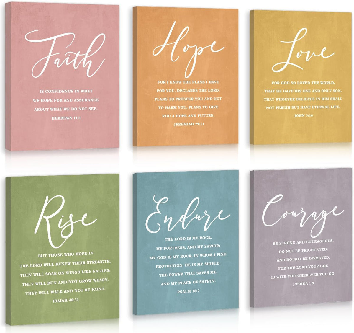 Six pastel canvas prints arranged in two rows, each with a large script word (Faith, Hope, Love, Rise, Endure, Courage) and