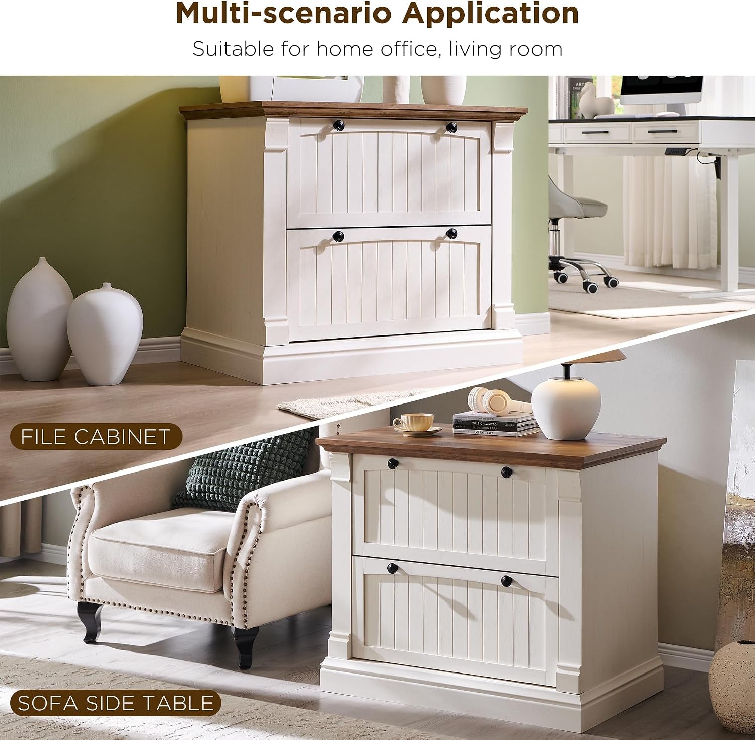 Lifestyle split view showing the cabinet used as a file cabinet and as a sofa side table in living room settings