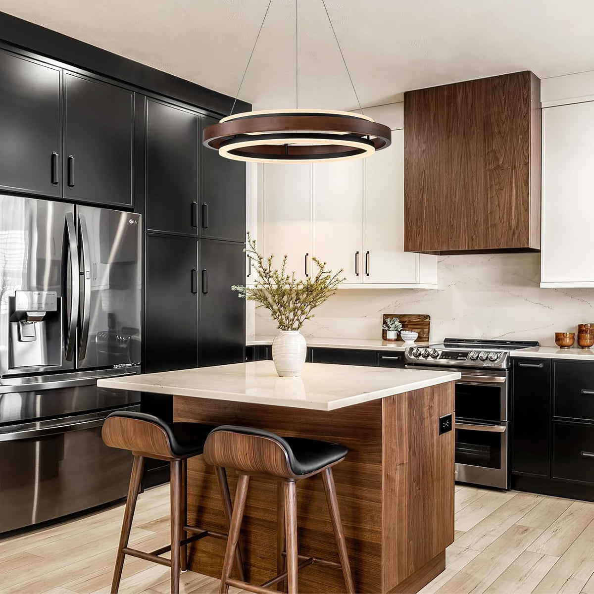 Modern Wooden LED Chandelier, 24" Dimmable Farmhouse Walnut Color Round Dining Room Light Fixtures, 2 Ring, gallery view 8
