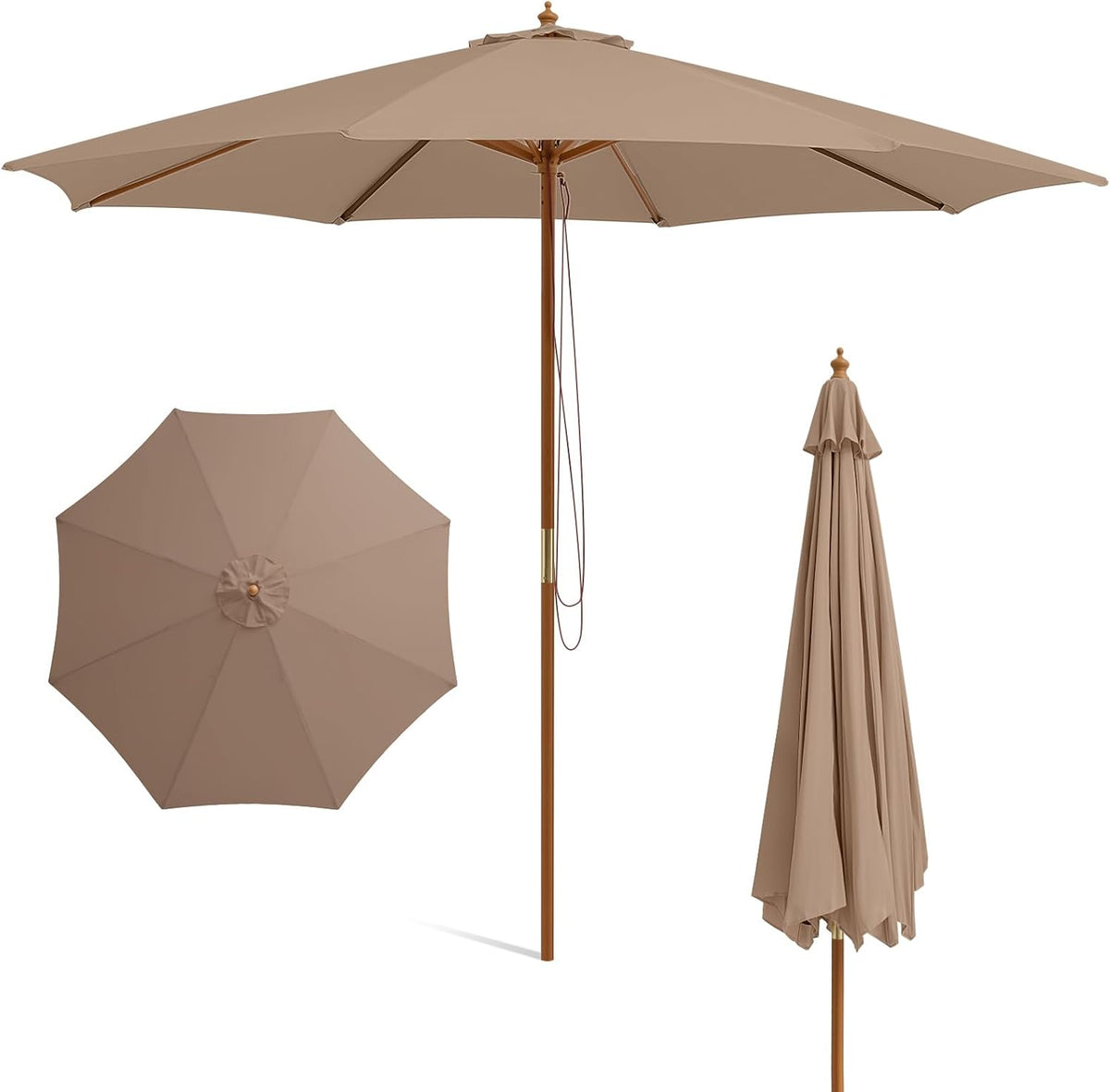 Front-facing umbrella with bamboo pole and hanging lift rope, top-down canopy at left and closed view at right