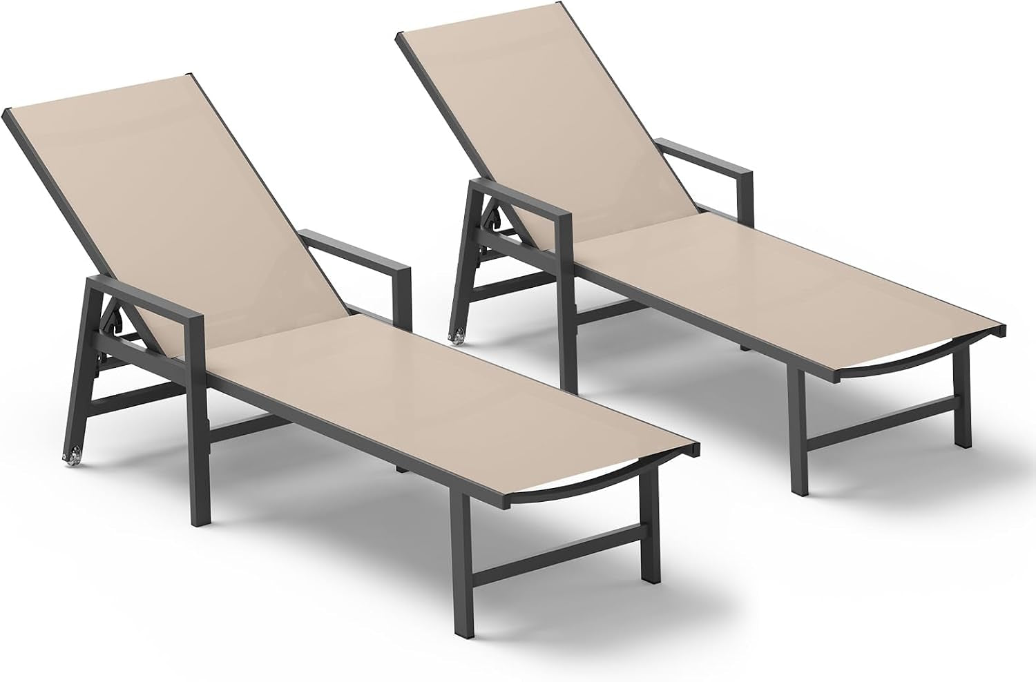 Two khaki Textilene chaises with dark frames shown side by side on white background in a studio view.