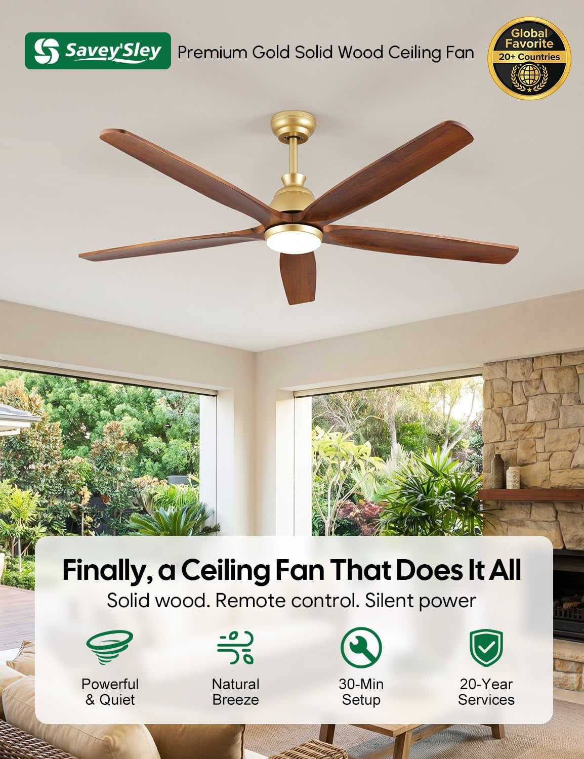 Gold brass ceiling fan with five walnut blades installed on a white ceiling, front view in a bright living room setting