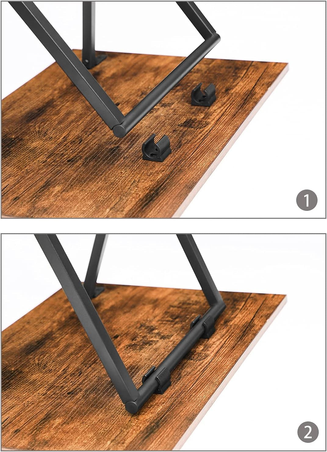 Close-up of a wood tabletop corner with metal folding legs and two small black plastic leg clips.