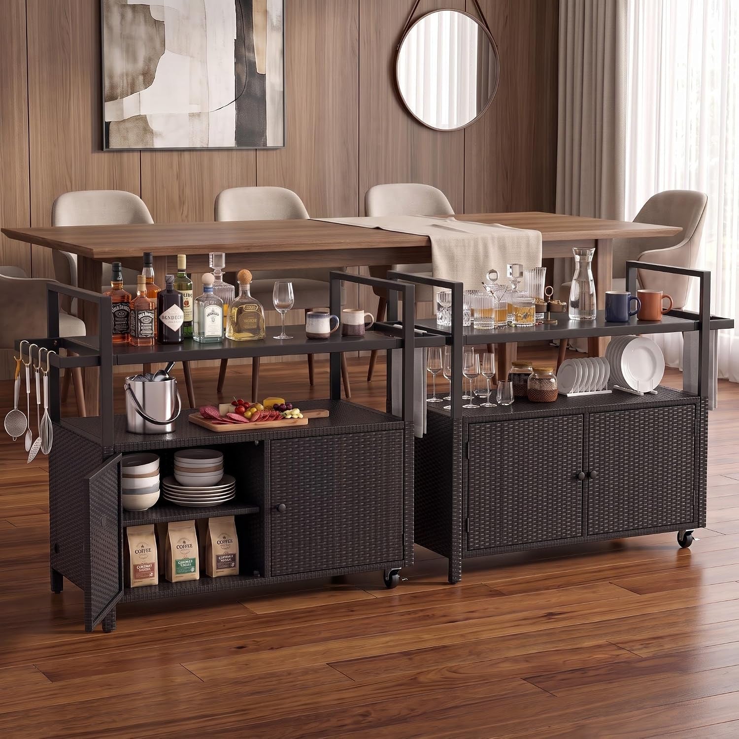 Dining room setup featuring two dark-brown rattan bar carts filled with bottles, glassware and plates.