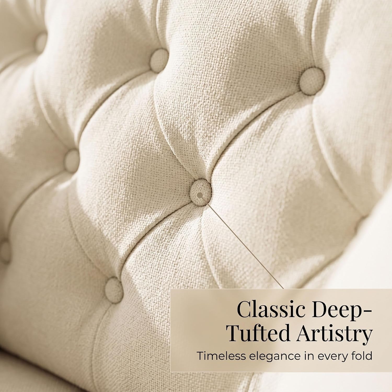 Macro view of button-tufted upholstery showing woven cream fabric, stitching and rounded tuft buttons.