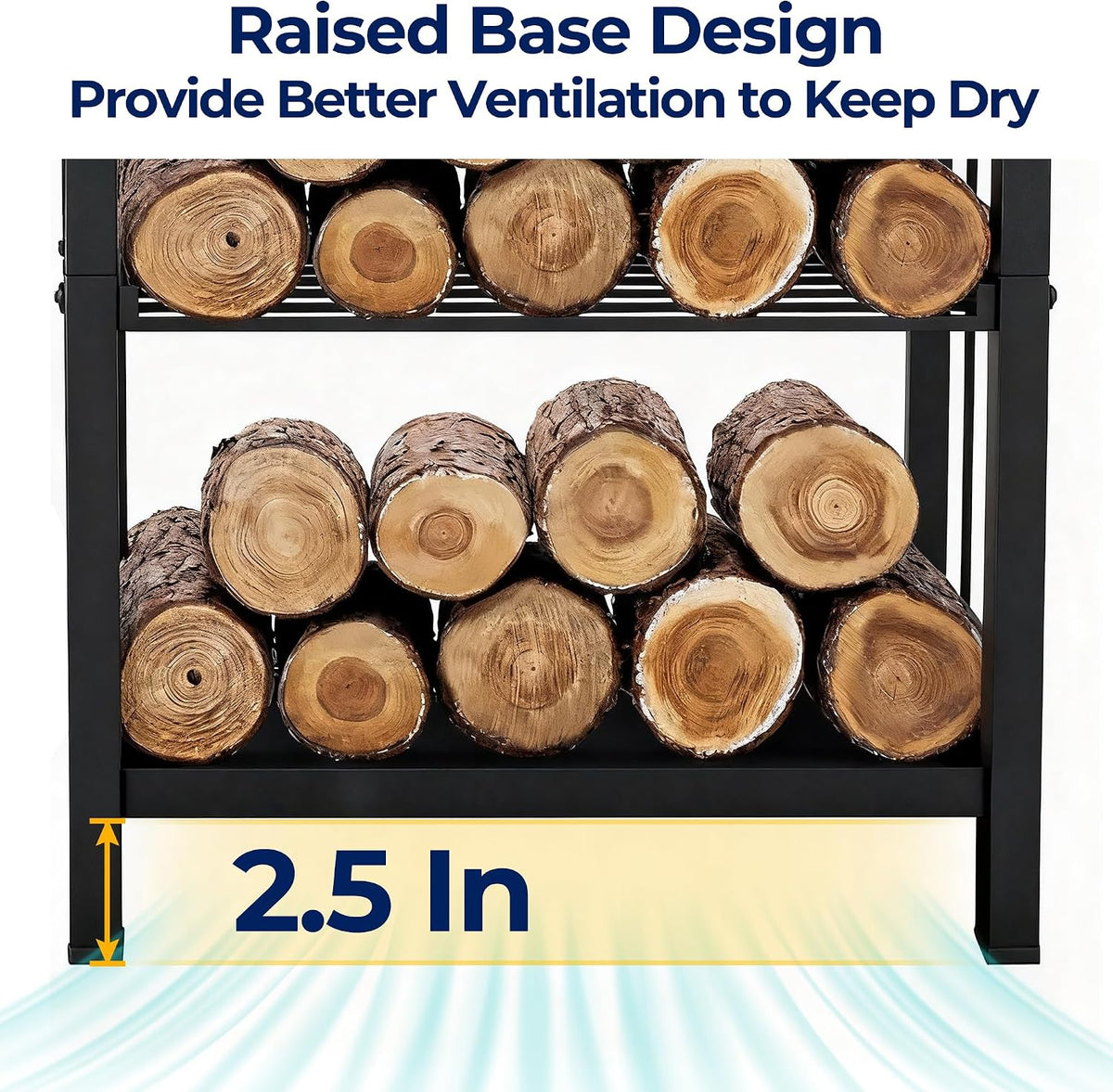 Close-up of stacked firewood on the rack's raised shelf showing 2.5-inch clearance for airflow beneath the logs