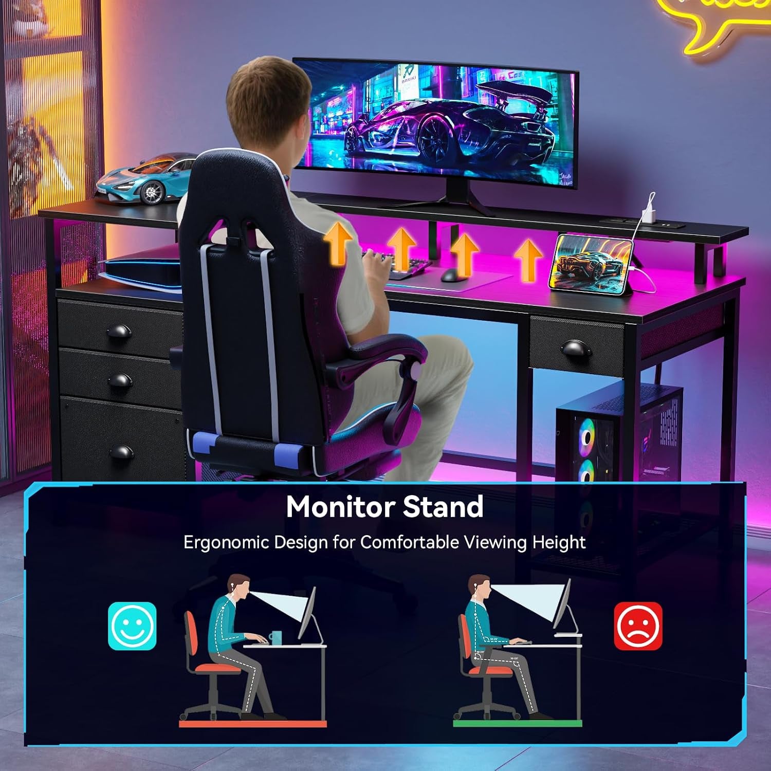 Illustration of a seated user at the desk demonstrating the raised monitor stand for ergonomic viewing height