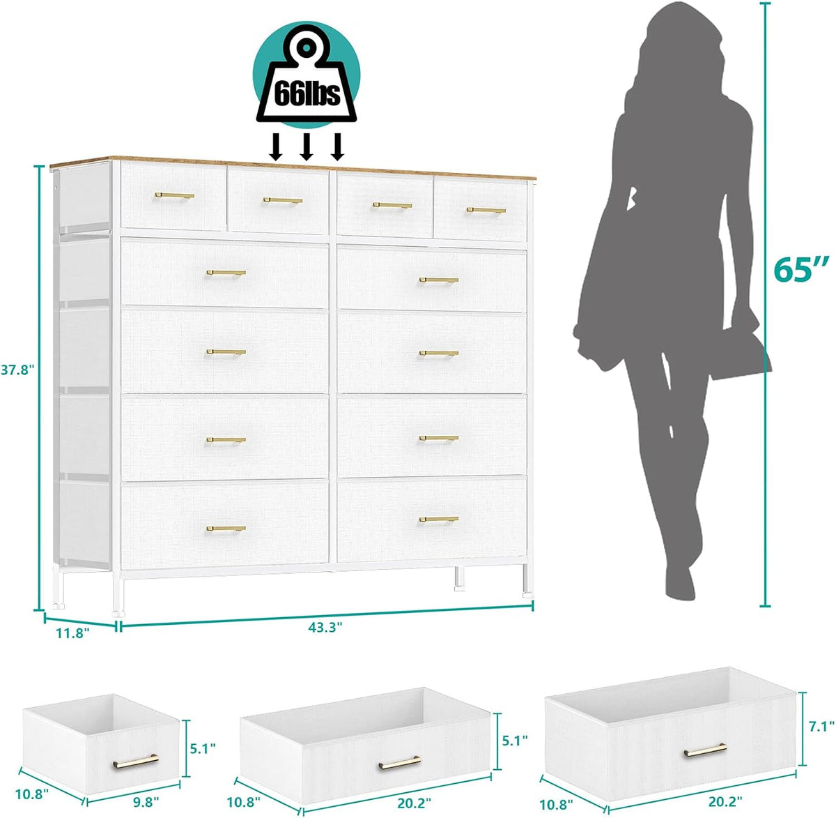 White dresser shown with dimension and drawer-size graphics