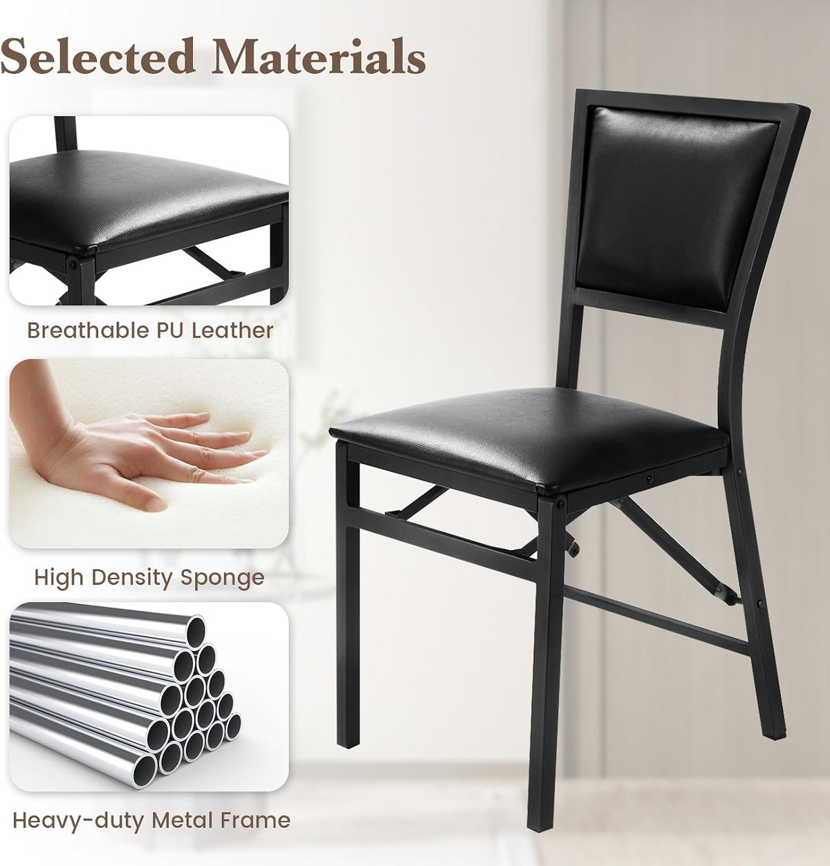 Close-up view of a black folding chair showing the padded seat, cushioned back and metal frame details