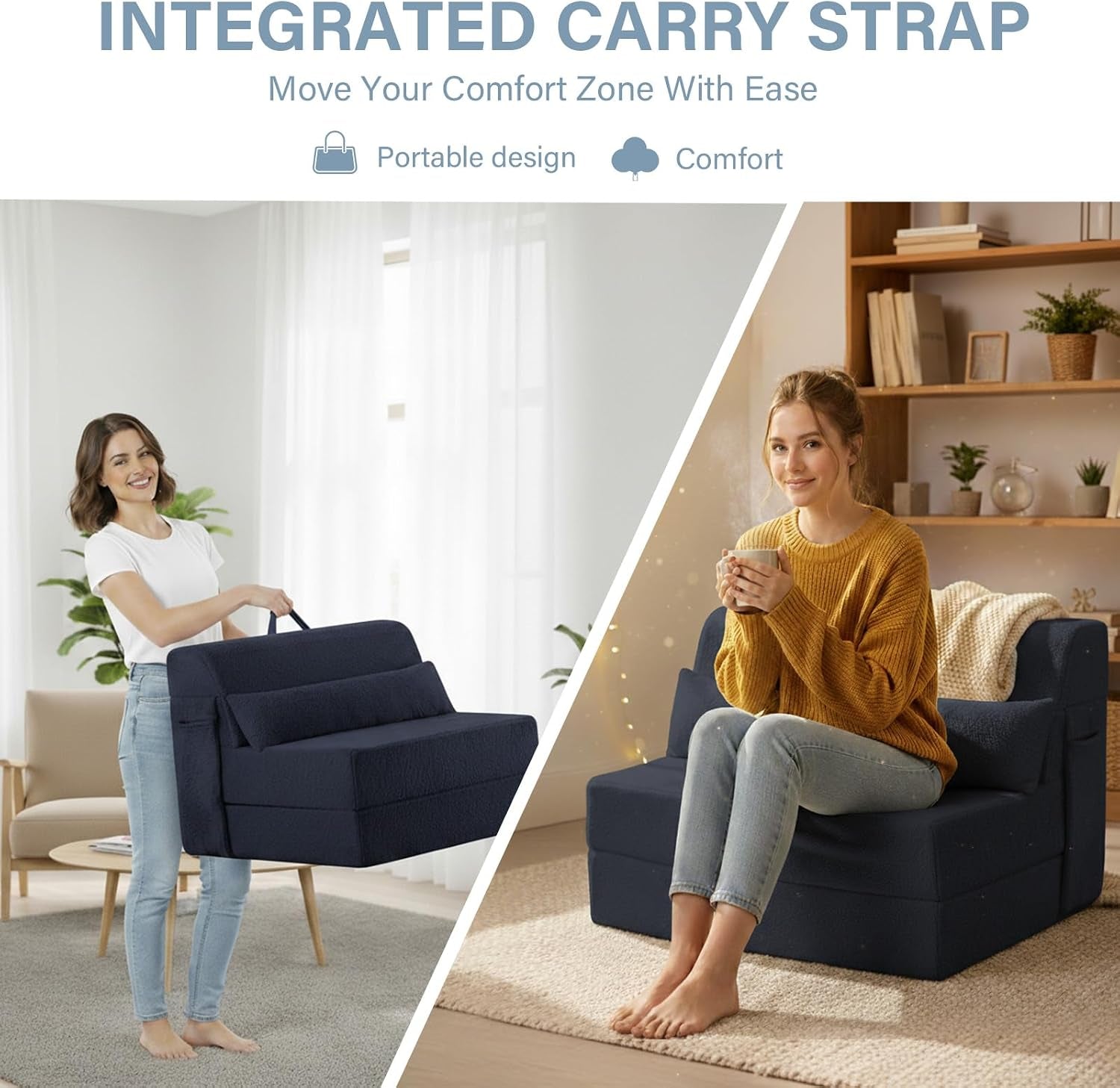 Split scene: woman carrying folded navy sofa by an integrated strap and another sitting on it with a mug