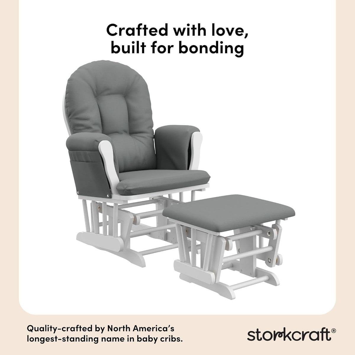 Gray-cushioned glider and matching ottoman centered on a cream-bordered promotional layout.