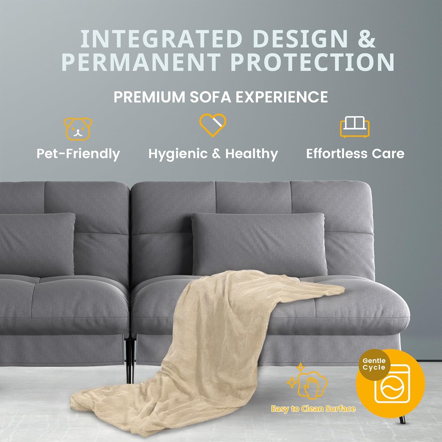 Close-up front view of grey futon seat and back cushions with promotional text about easy care on background