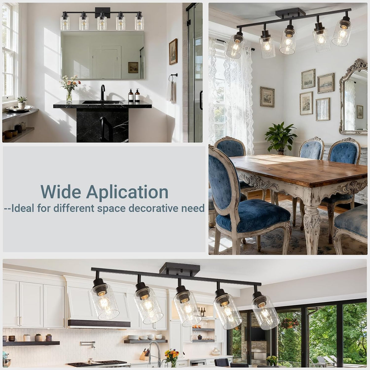 Four-panel collage showing the five-light track fixture installed in multiple rooms: bathroom, dining room and kitchens.