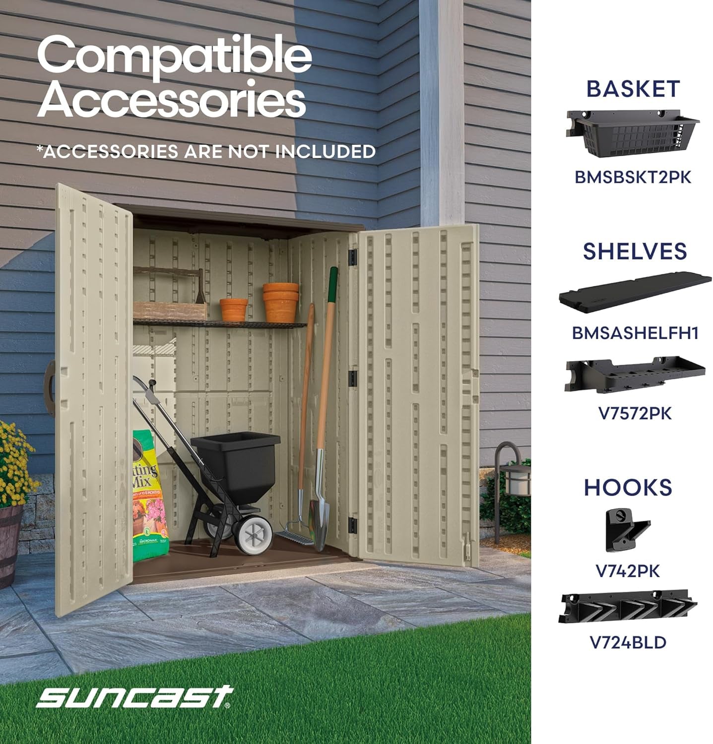 Open cabinet with gardening tools, a cart and small shelf inside, plus accessory product images at right