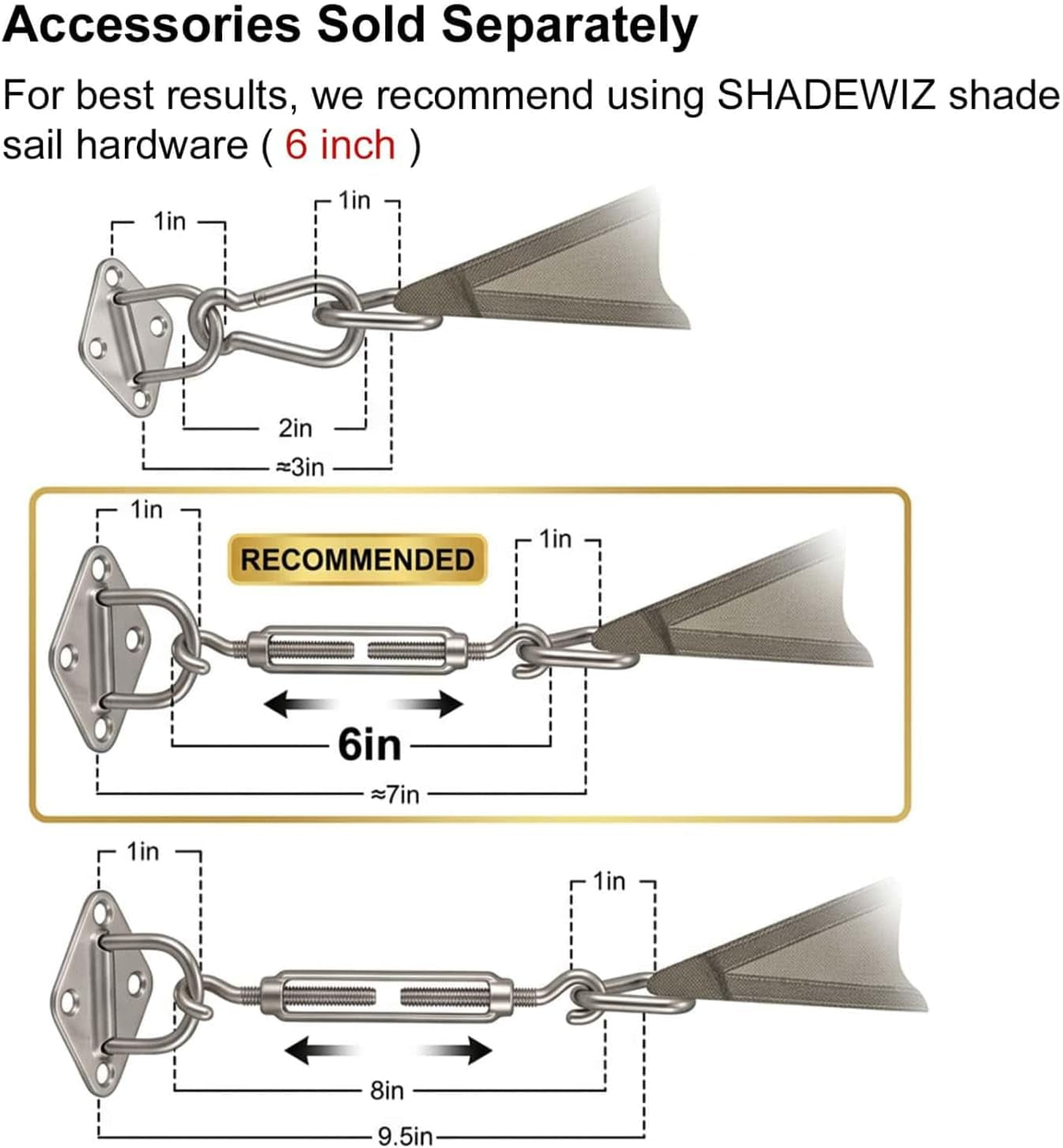 Mounting hardware diagram showing recommended 6‑inch turnbuckle setup and installation dimensions